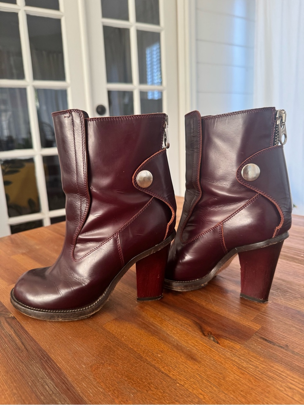Chloe Burgundy Leather Ankle Boots with Silver Button Detail